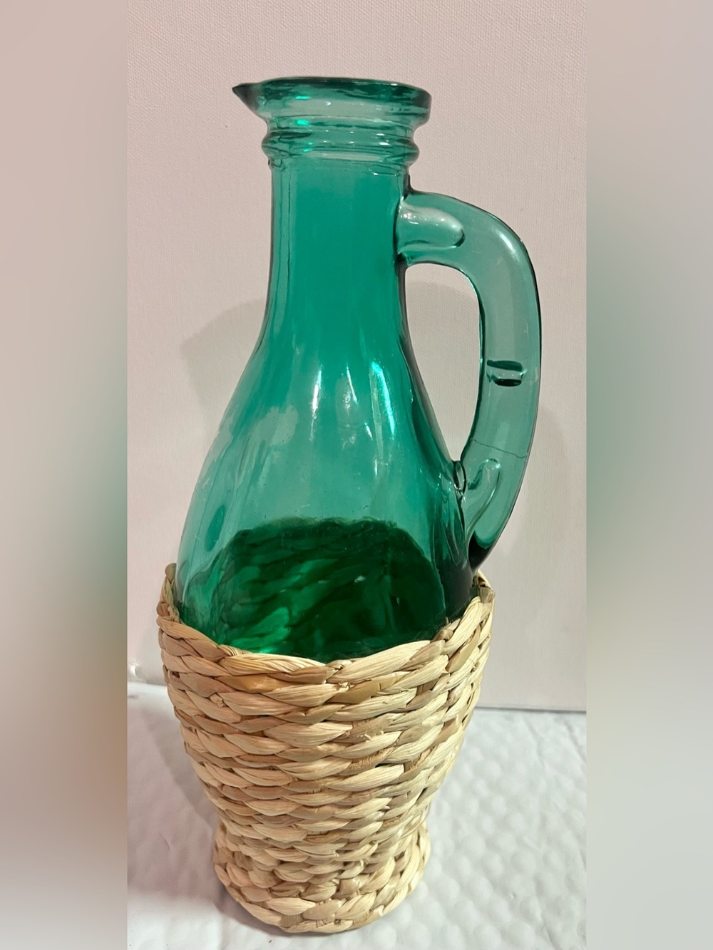 Teal Glass Jug with Woven Raffia Accent